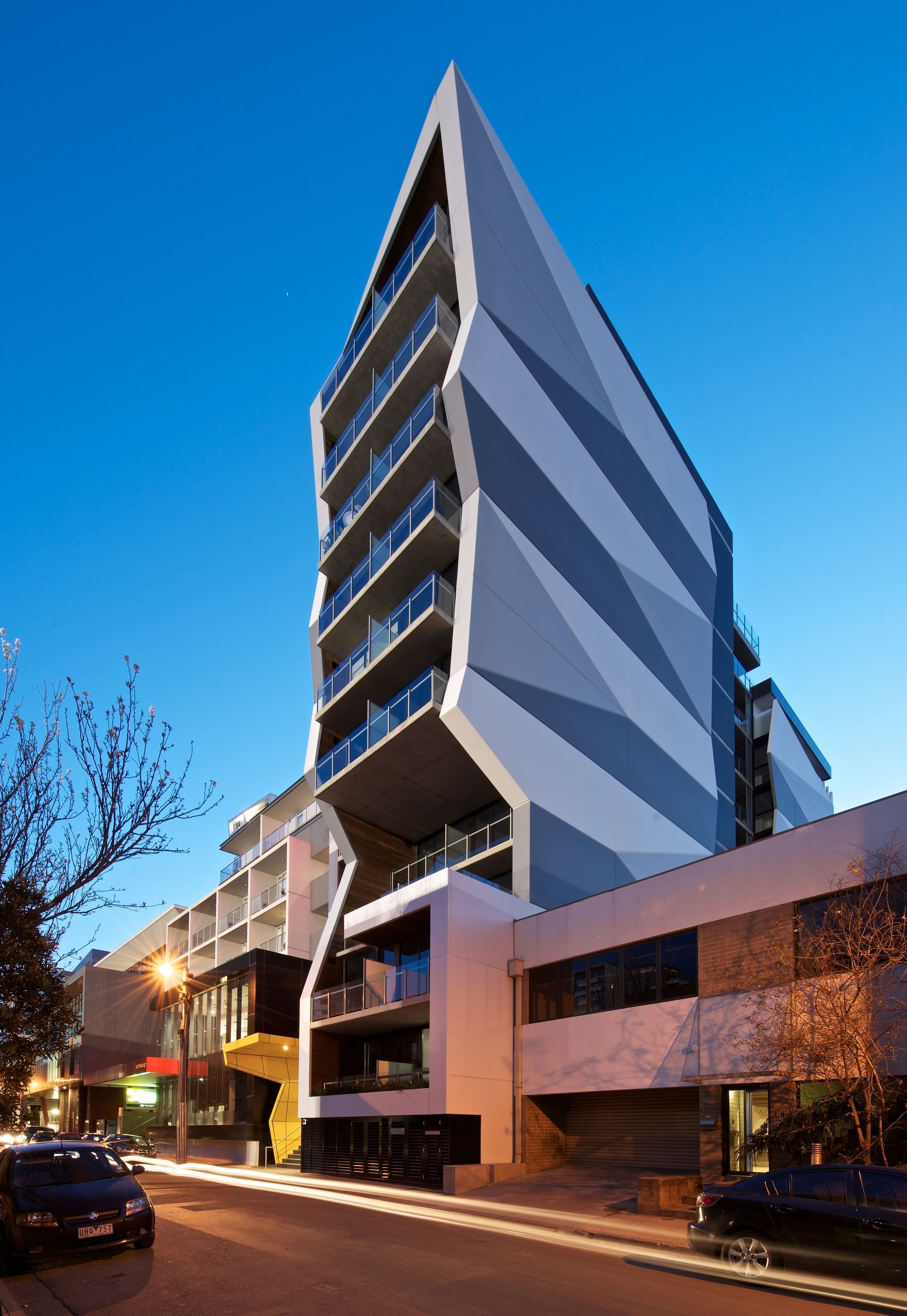 SXY2, South Yarra — the angular, finned tower from the side street